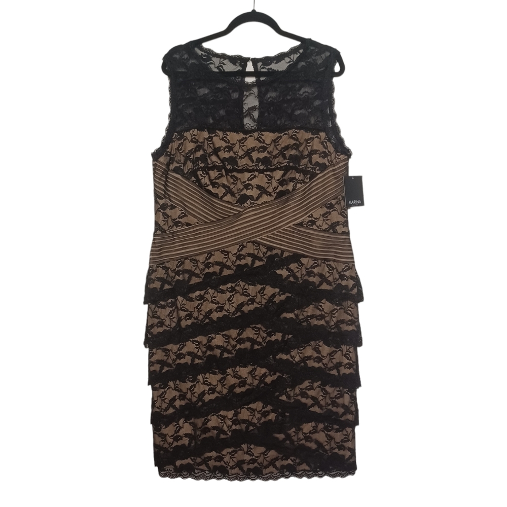 MARINA Floral Black Lace Nude Tan Lined Sleeveless Cocktail Dress 14W NWT